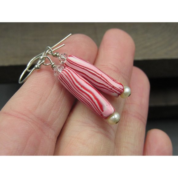 Sterling Silver Glass And Pearl Candy Cane Earrings - Picture 2 of 4